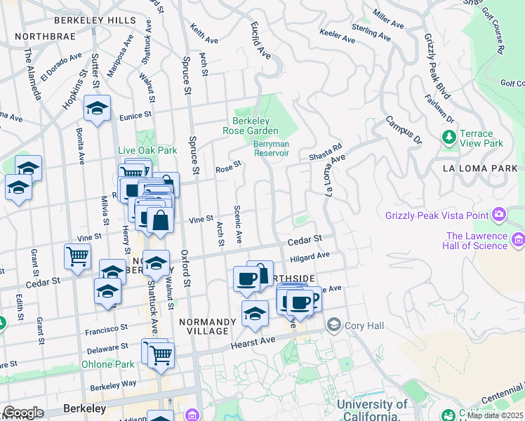 map of restaurants, bars, coffee shops, grocery stores, and more near 2 Vine Lane in Berkeley