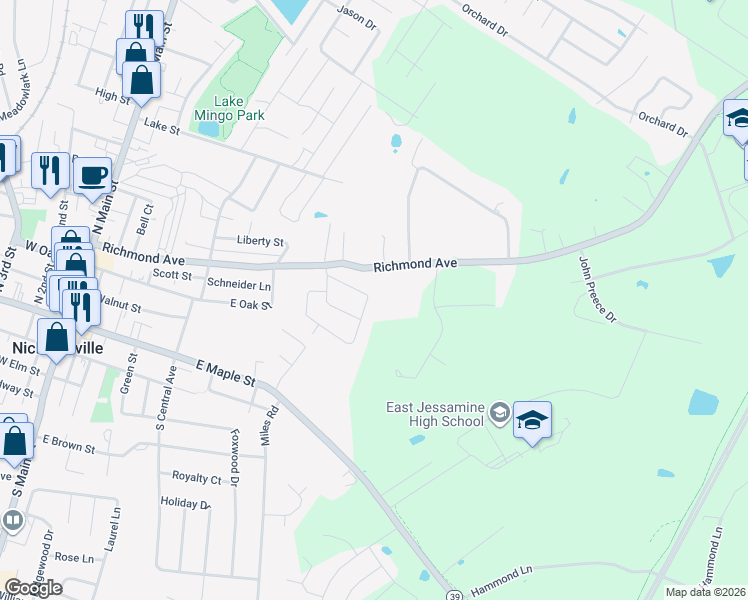 map of restaurants, bars, coffee shops, grocery stores, and more near 118 Hill-N-Dale Drive in Nicholasville
