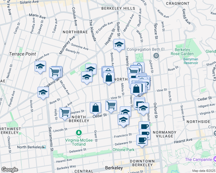 map of restaurants, bars, coffee shops, grocery stores, and more near 1415 Martin Luther King Junior Way in Berkeley