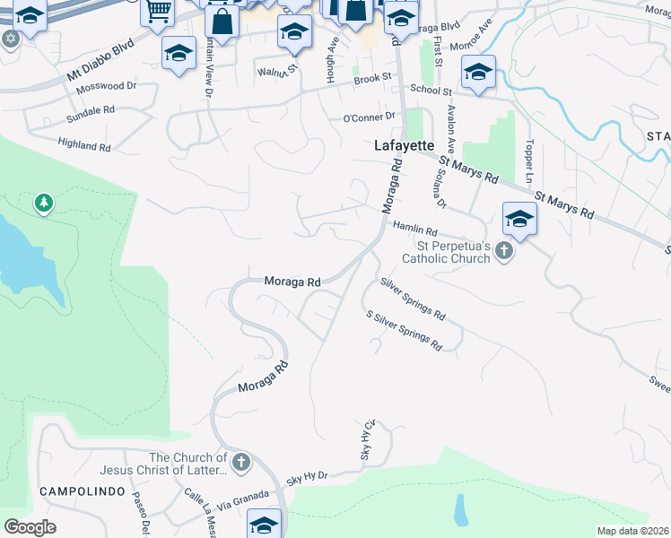 map of restaurants, bars, coffee shops, grocery stores, and more near 799 Moraga Road in Lafayette