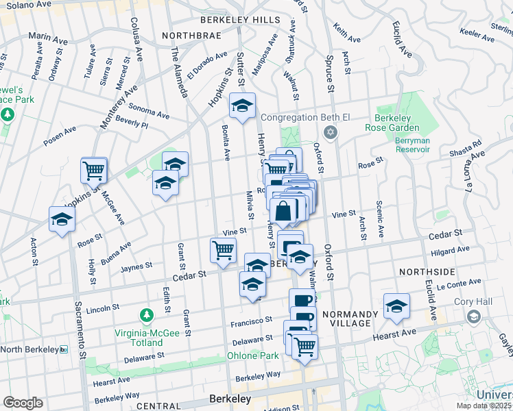 map of restaurants, bars, coffee shops, grocery stores, and more near 1420 Henry Street in Berkeley