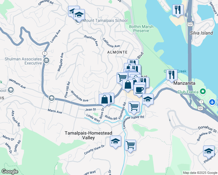 map of restaurants, bars, coffee shops, grocery stores, and more near 299 Greene Street in Mill Valley
