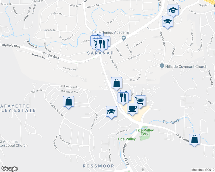 map of restaurants, bars, coffee shops, grocery stores, and more near 1745 Tice Valley Boulevard in Walnut Creek