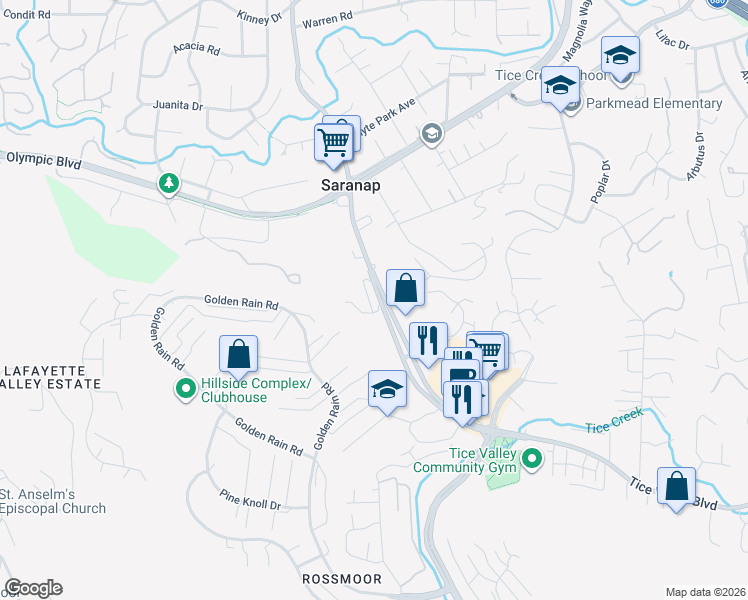 map of restaurants, bars, coffee shops, grocery stores, and more near 1745 Tice Valley Boulevard in Walnut Creek