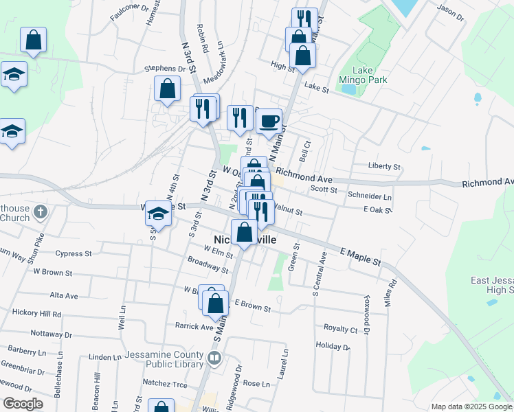 map of restaurants, bars, coffee shops, grocery stores, and more near 101 North Main Street in Nicholasville