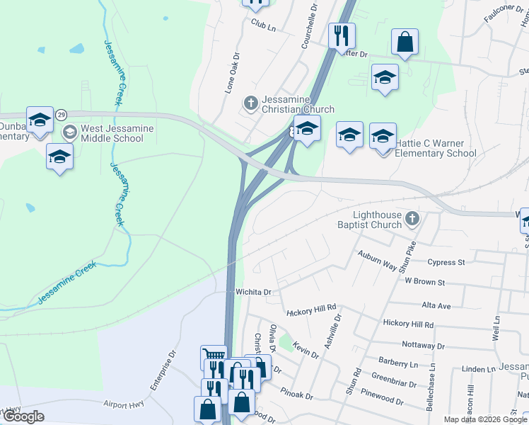 map of restaurants, bars, coffee shops, grocery stores, and more near 140 Baybrook Circle in Nicholasville
