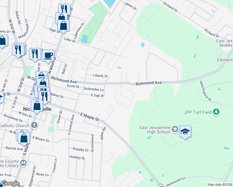 map of restaurants, bars, coffee shops, grocery stores, and more near 102 Rolling Acres Drive in Nicholasville