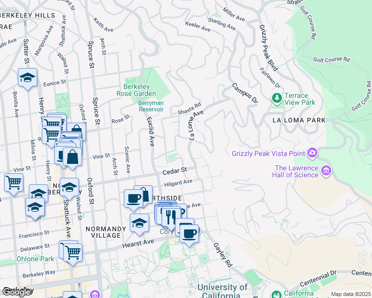 map of restaurants, bars, coffee shops, grocery stores, and more near 1514 La Loma Avenue in Berkeley