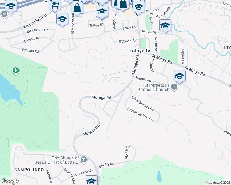 map of restaurants, bars, coffee shops, grocery stores, and more near 799 Moraga Road in Lafayette