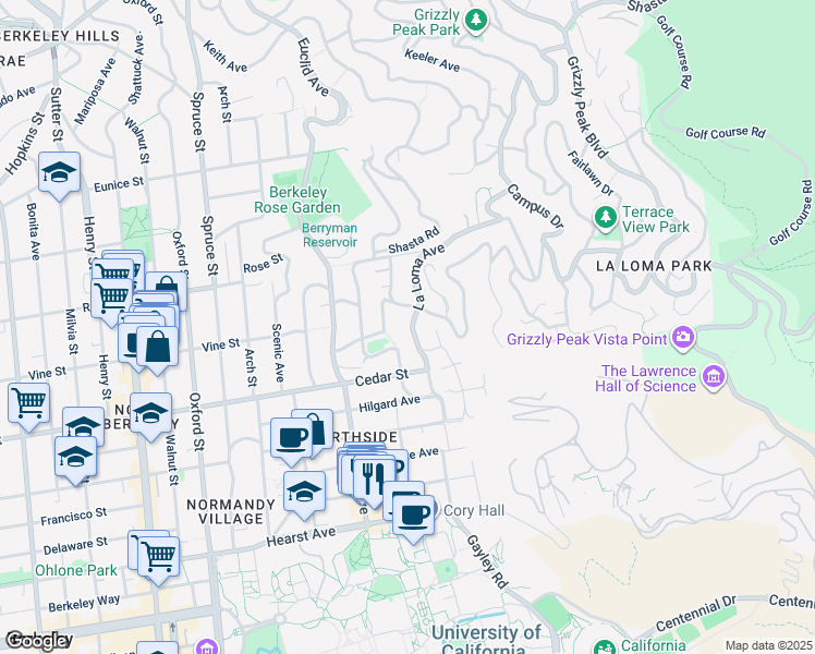 map of restaurants, bars, coffee shops, grocery stores, and more near 1514 La Loma Avenue in Berkeley