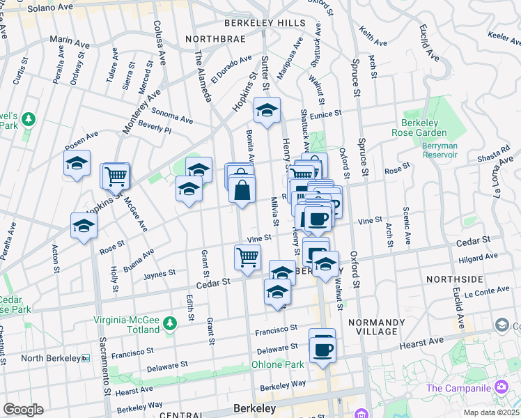 map of restaurants, bars, coffee shops, grocery stores, and more near 1409 Bonita Avenue in Berkeley
