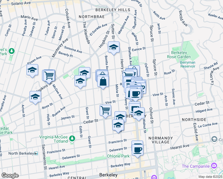 map of restaurants, bars, coffee shops, grocery stores, and more near 1409 Bonita Avenue in Berkeley