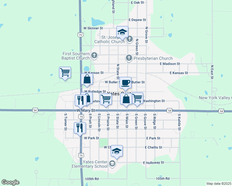 map of restaurants, bars, coffee shops, grocery stores, and more near 218 West Rutledge Street in Yates Center