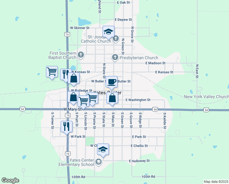 map of restaurants, bars, coffee shops, grocery stores, and more near 100 East Rutledge Street in Yates Center