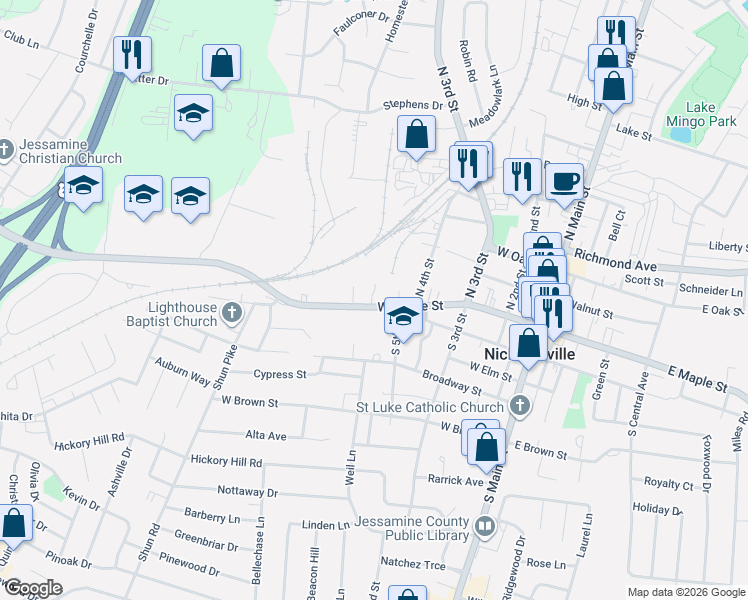 map of restaurants, bars, coffee shops, grocery stores, and more near 509 West Maple Street in Nicholasville