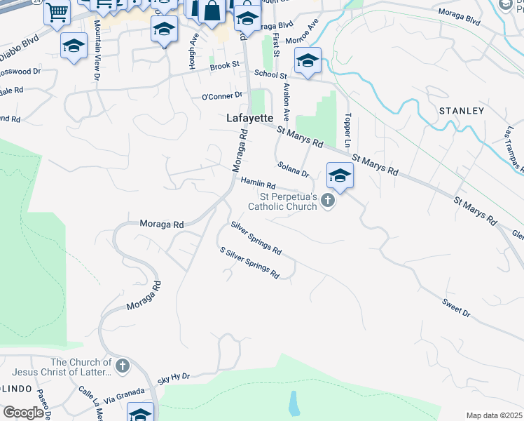 map of restaurants, bars, coffee shops, grocery stores, and more near 783 Solana Drive in Lafayette
