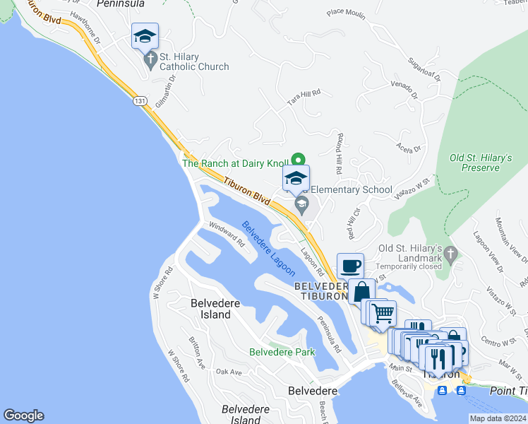 map of restaurants, bars, coffee shops, grocery stores, and more near 40 Lagoon Road in Belvedere Tiburon