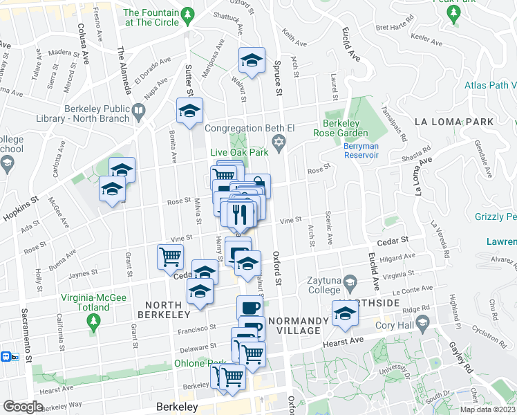 map of restaurants, bars, coffee shops, grocery stores, and more near 1433A Walnut Street in Berkeley