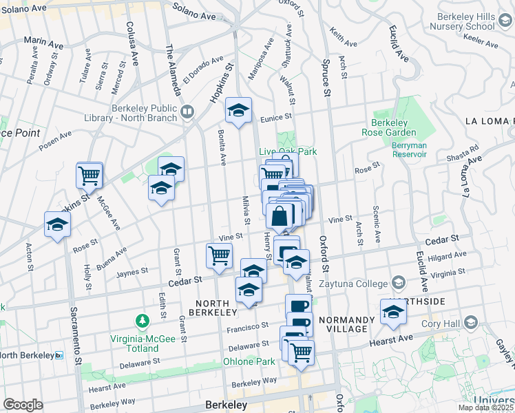 map of restaurants, bars, coffee shops, grocery stores, and more near 1420 Henry Street in Berkeley
