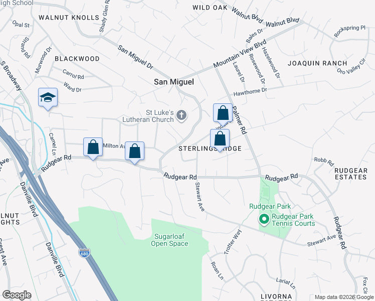 map of restaurants, bars, coffee shops, grocery stores, and more near 2025 Stewart Avenue in Walnut Creek