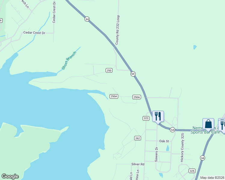 map of restaurants, bars, coffee shops, grocery stores, and more near County Road 250A in Hermitage