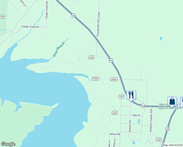 map of restaurants, bars, coffee shops, grocery stores, and more near County Road 250A in Hermitage