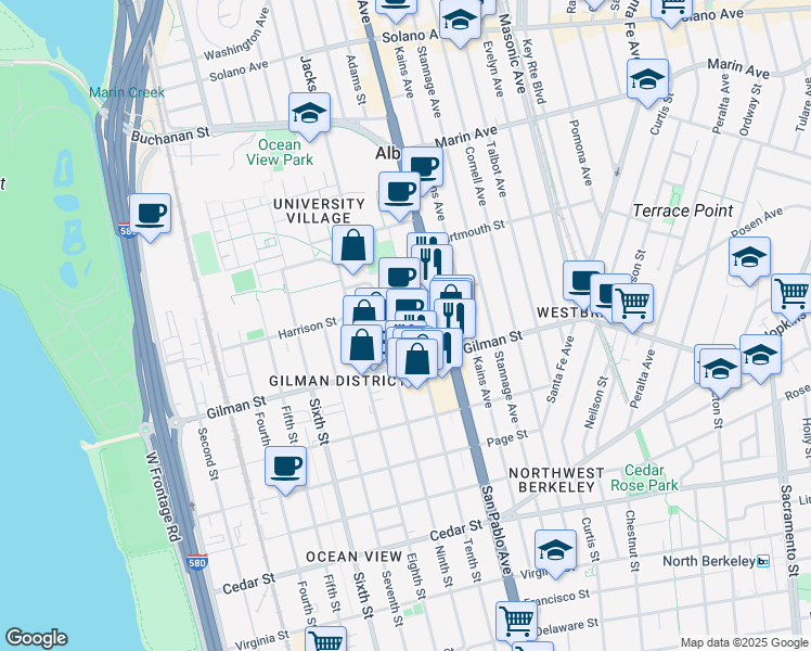 map of restaurants, bars, coffee shops, grocery stores, and more near 1201 9th Street in Berkeley