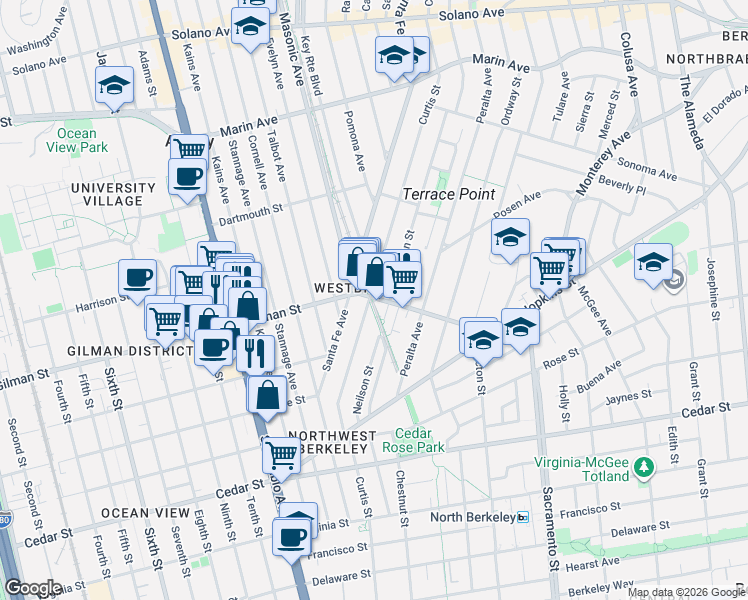 map of restaurants, bars, coffee shops, grocery stores, and more near 1318 Curtis Street in Berkeley