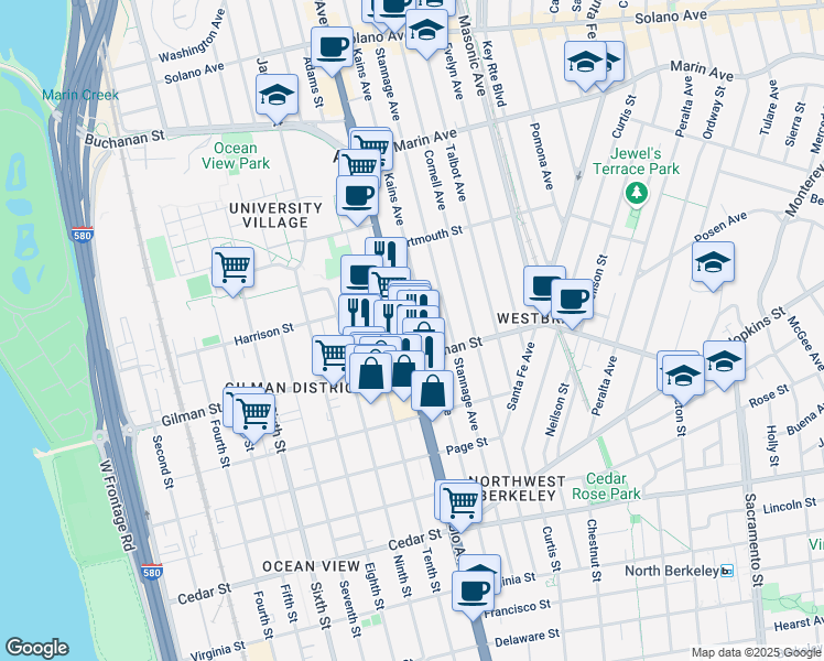 map of restaurants, bars, coffee shops, grocery stores, and more near 1243 Kains Avenue in Berkeley
