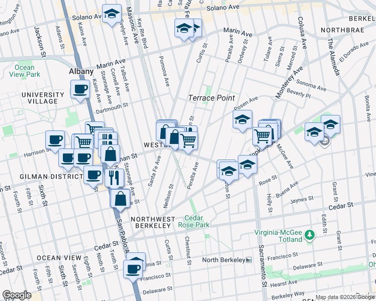map of restaurants, bars, coffee shops, grocery stores, and more near 1320 Gilman Street in Berkeley
