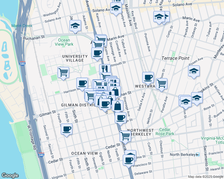 map of restaurants, bars, coffee shops, grocery stores, and more near 1227 San Pablo Avenue in Berkeley