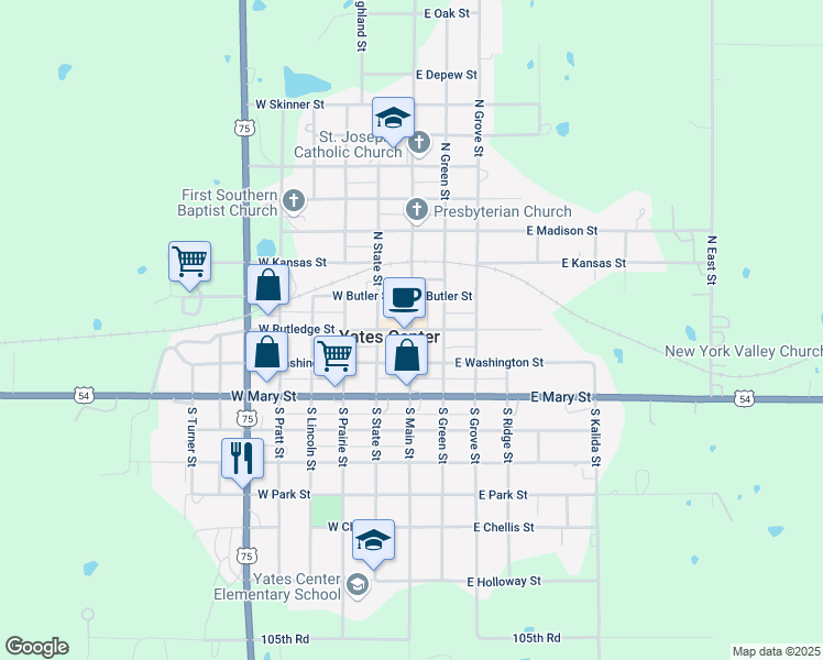 map of restaurants, bars, coffee shops, grocery stores, and more near 100 East Rutledge Street in Yates Center