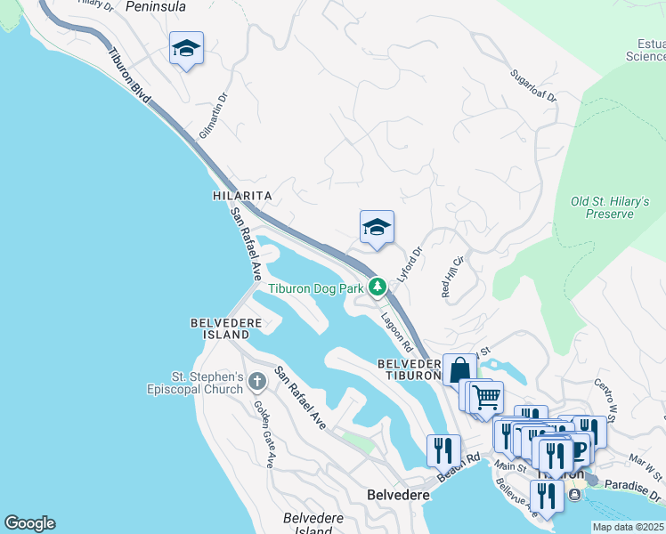 map of restaurants, bars, coffee shops, grocery stores, and more near 40 Lagoon Road in Belvedere