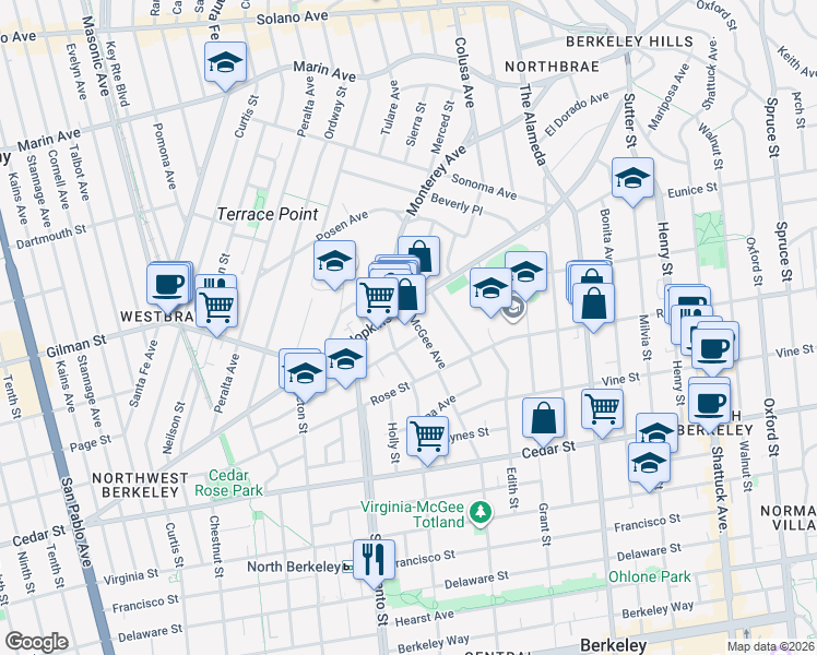 map of restaurants, bars, coffee shops, grocery stores, and more near 1310 McGee Avenue in Berkeley