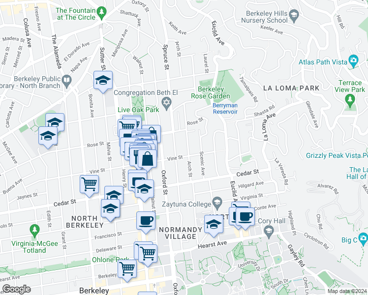 map of restaurants, bars, coffee shops, grocery stores, and more near 1490 Arch Street in Berkeley