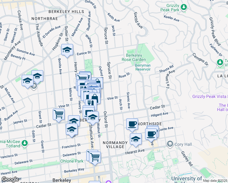 map of restaurants, bars, coffee shops, grocery stores, and more near 1490 Arch Street in Berkeley