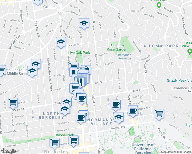 map of restaurants, bars, coffee shops, grocery stores, and more near 2213 Vine Street in Berkeley