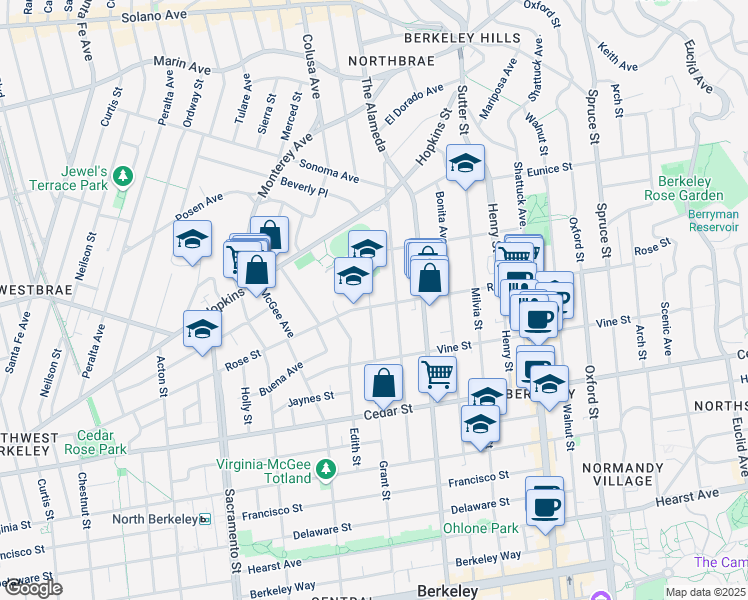 map of restaurants, bars, coffee shops, grocery stores, and more near 1406 Josephine Street in Berkeley