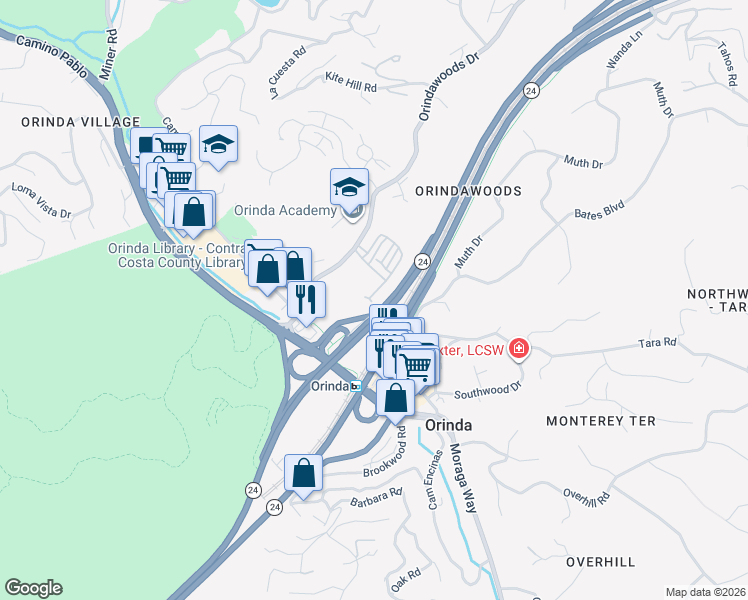 map of restaurants, bars, coffee shops, grocery stores, and more near 3 Alder Walk in Orinda