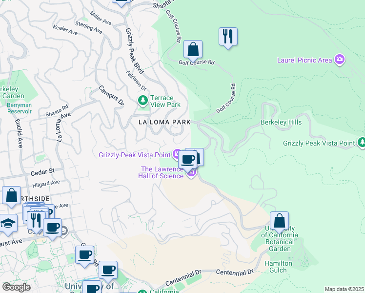 map of restaurants, bars, coffee shops, grocery stores, and more near 1520 Summit Road in Berkeley
