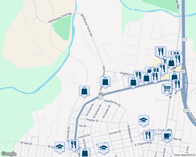 map of restaurants, bars, coffee shops, grocery stores, and more near 1011 Hawthorne Street in Bonne Terre