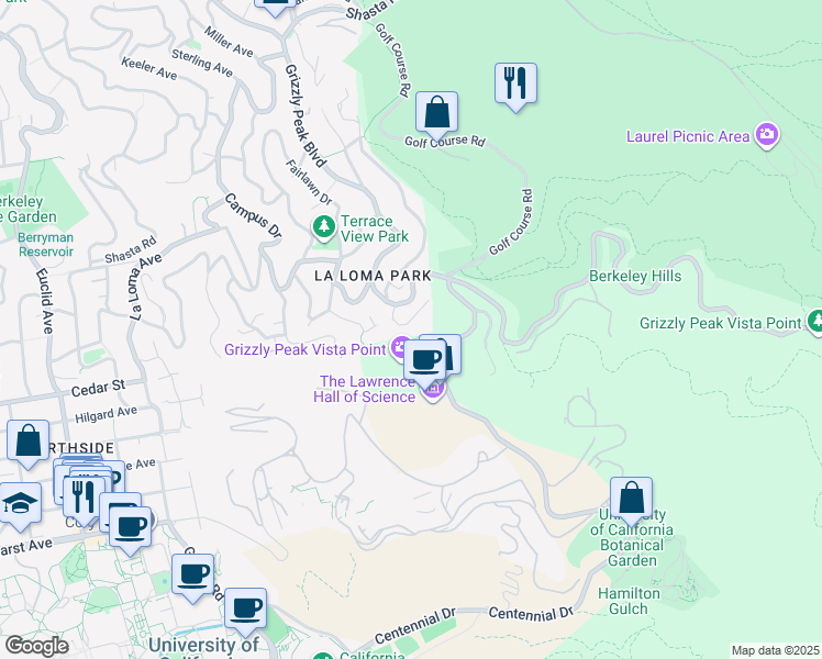map of restaurants, bars, coffee shops, grocery stores, and more near 1520 Summit Road in Berkeley