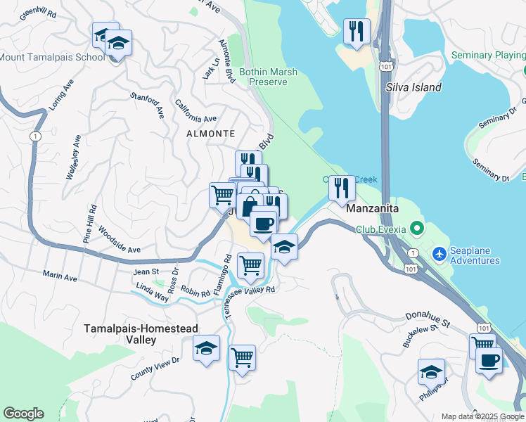 map of restaurants, bars, coffee shops, grocery stores, and more near 237 Shoreline Highway in Mill Valley