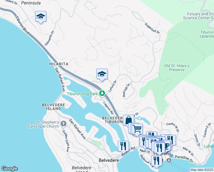 map of restaurants, bars, coffee shops, grocery stores, and more near 1199 Tiburon Boulevard in Tiburon