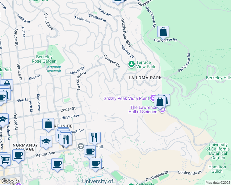 map of restaurants, bars, coffee shops, grocery stores, and more near 90 Parnassus Road in Berkeley