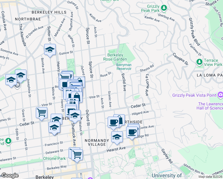 map of restaurants, bars, coffee shops, grocery stores, and more near 2350 Vine Street in Berkeley