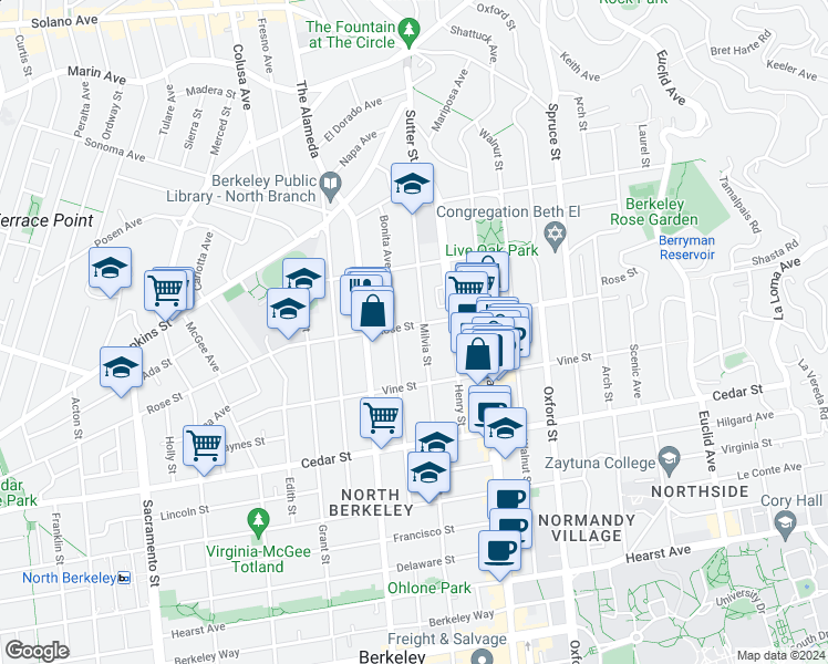map of restaurants, bars, coffee shops, grocery stores, and more near 1417 Bonita Avenue in Berkeley