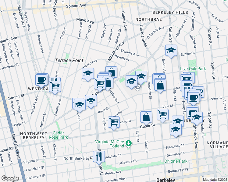 map of restaurants, bars, coffee shops, grocery stores, and more near 1339 McGee Avenue in Berkeley