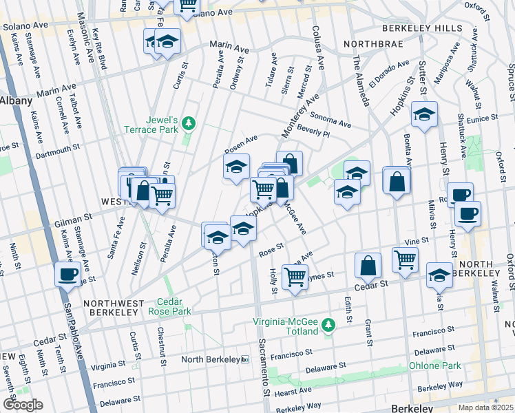 map of restaurants, bars, coffee shops, grocery stores, and more near 1508 Hopkins Street in Berkeley