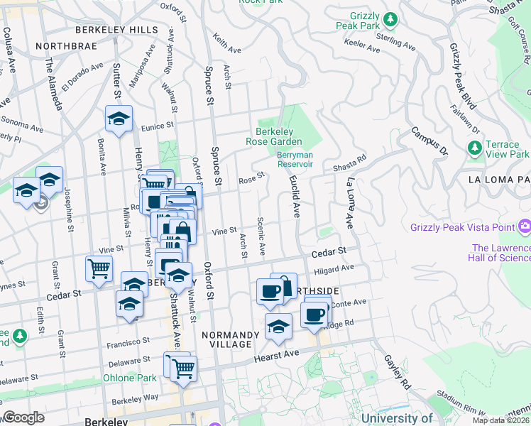 map of restaurants, bars, coffee shops, grocery stores, and more near 2350 Vine Street in Berkeley